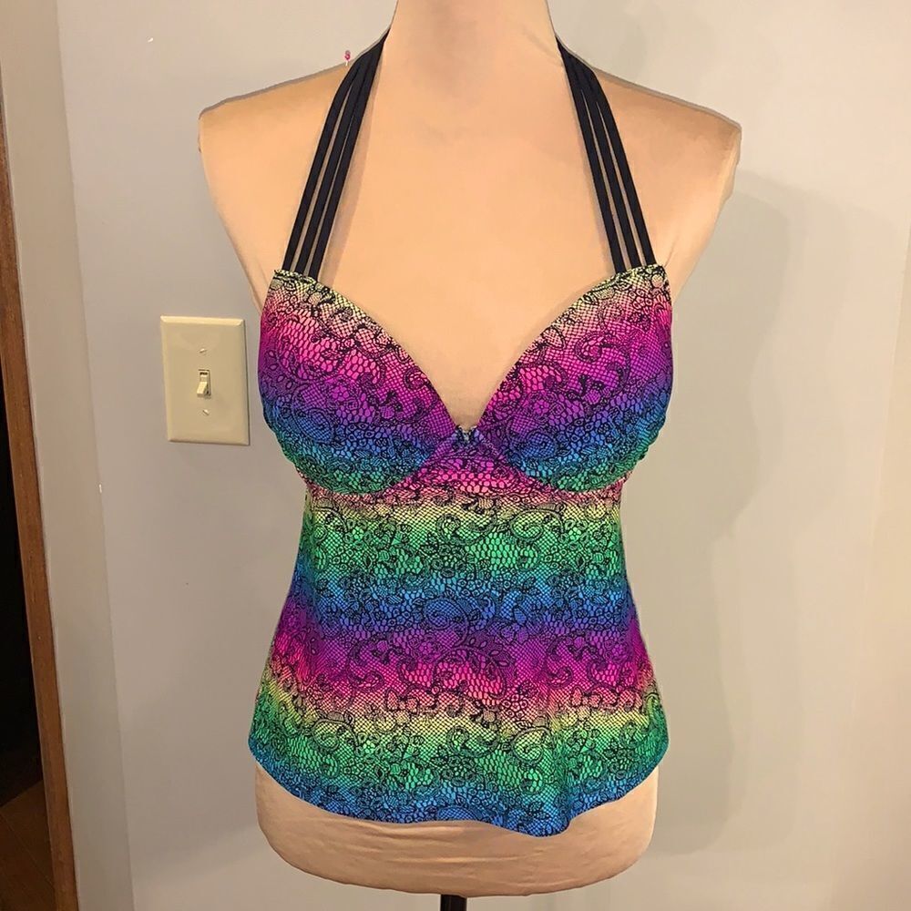Bongo Women's Rainbow Lace-Print Halter Tankini Top